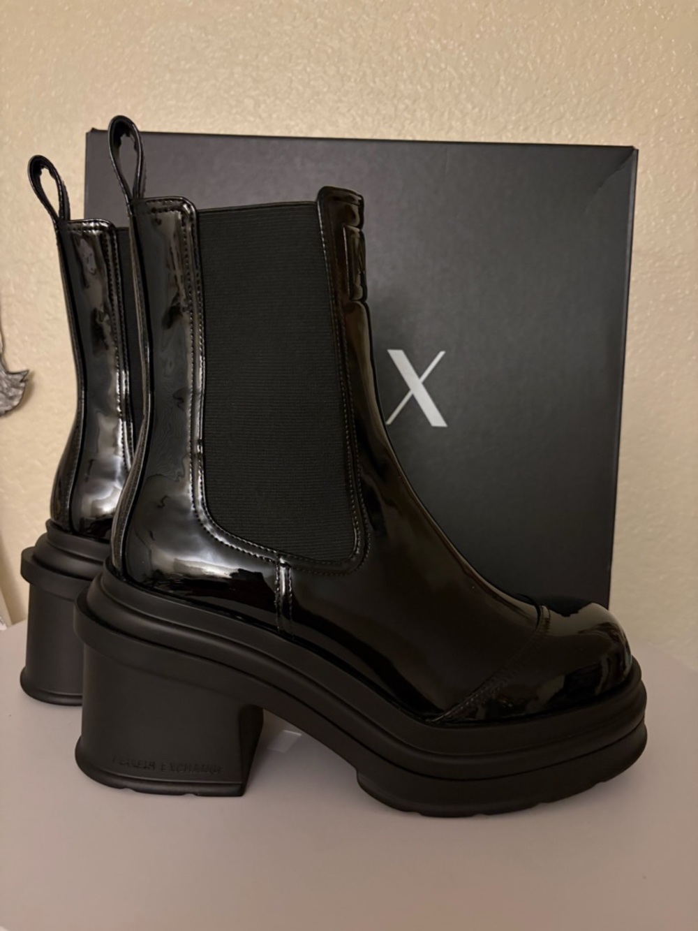 Armani Exchange Black Patent Chelsea Platform Heeled Boots - Picture 2 of 8